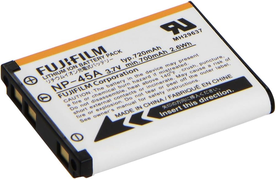 Fujifilm NP-45A accu, wit met oranje rand, accu liggend met label 3.7V 720mAh, tweedehands