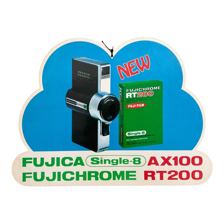 Fujifilm-AX100 & Fujichrome RT200 Displaybord – Vintage Fujifilm Single-8 Promotie – Hangbord jaren '70 Tweedehands