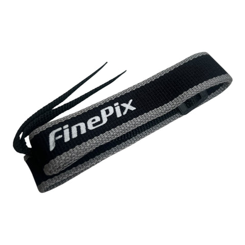 Fujifilm FinePix vintage camera nekriem 2,5 cm, zwart met grijze randen en witte FinePix-letters