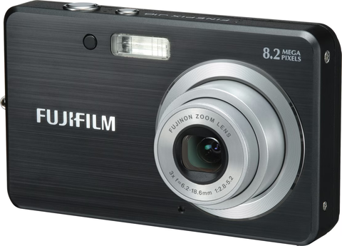 Fujifilm FinePix J10 digitale compactcamera, zwart, schuin van voren met Fujinon-zoomlens en opschrift 8.2 megapixels