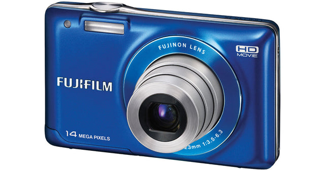 Fujifilm FinePix JX500 digitale compactcamera blauw, voorkant schuin met lens
