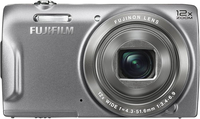 Fujifilm FinePix T500 digitale compactcamera, zilver, grijs metalen voorkant met 12x Fujinon-groothoekzoomlens, tweedehands