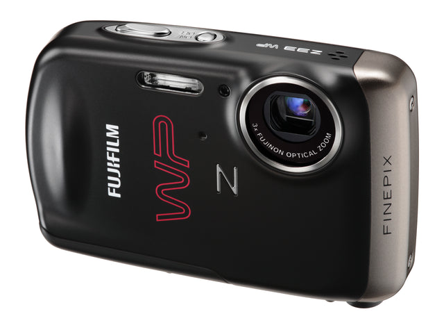 Fujifilm FinePix Z33 WP waterdichte compactcamera, zwart, schuin vooraanzicht met 3x Fujinon-zoomlens, tweedehands