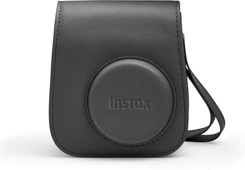 Fujifilm Instax Mini 11 case, donker grijs, gesloten hoes van voren met instax-opdruk en riem, tweedehands
