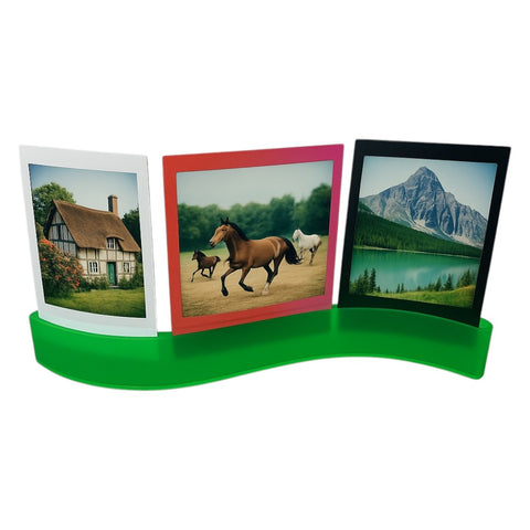 Fujifilm Instax Mini acryl fotohouder voor bureau, groen, kronkelvorm, met drie voorbeeldfoto's