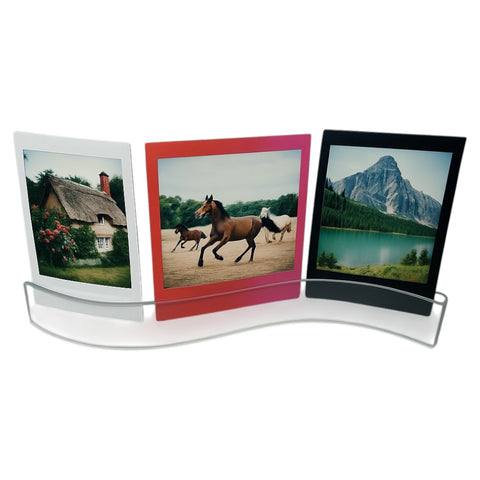 Fujifilm Instax Mini acryl fotohouder voor bureau, transparant, kronkelvorm, met drie voorbeeldfoto's