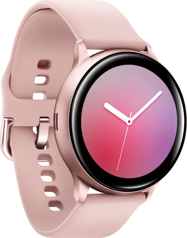 Samsung Galaxy Watch Active2 smartwatch 40mm - Pink Gold, schuin vooraanzicht met roze sportband