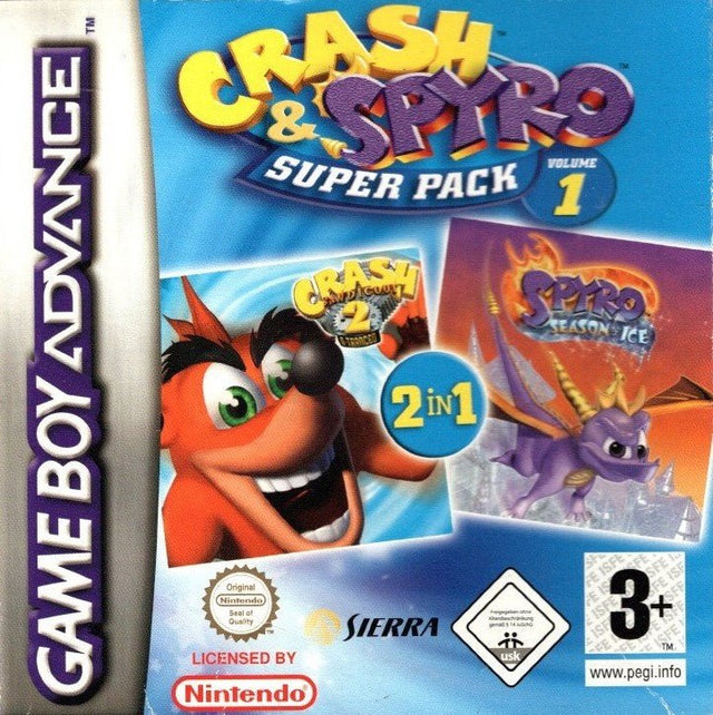 Nintendo Game Boy Advance Crash & Spyro Super Pack Volume 1 met Crash Bandicoot 2 en Spyro Season of Ice, doos voorkant
