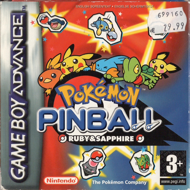 Nintendo Game Boy Advance Pokémon Pinball Ruby & Sapphire, doos voorkant met prijssticker, tweedehands
