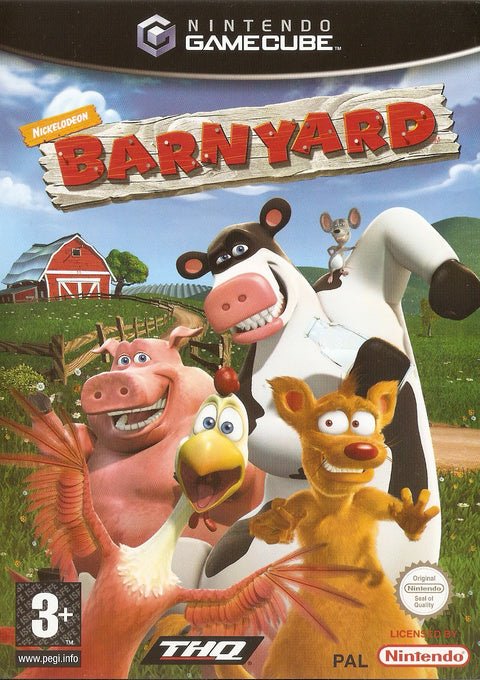 Nintendo GameCube Barnyard, doos voorkant met Otis de koe, een varken en een haan op de boerderij, tweedehands