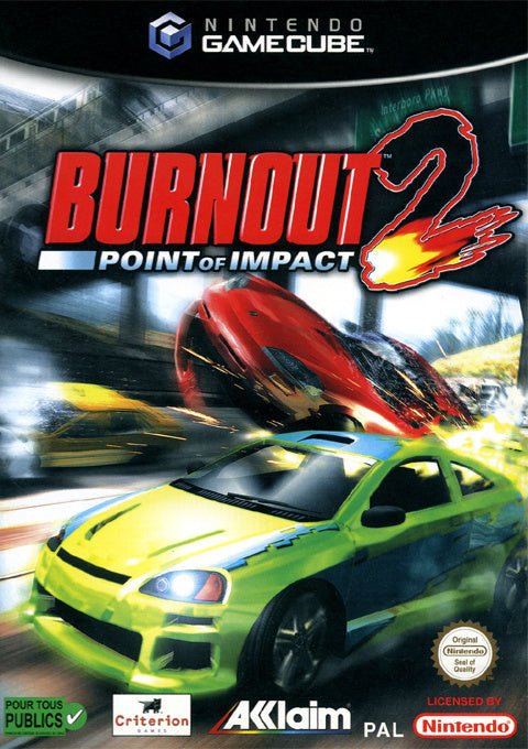 Nintendo GameCube Burnout 2 Point of Impact, doos voorkant met Frans label, tweedehands