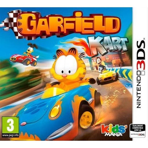 Nintendo 3DS Garfield Kart van Kids Mania, doos voorkant met Garfield in een raceauto, tweedehands