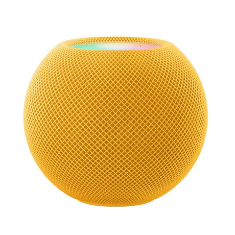 Apple HomePod mini geel, voorkant met stoffen mesh en verlichte bovenkant, tweedehands