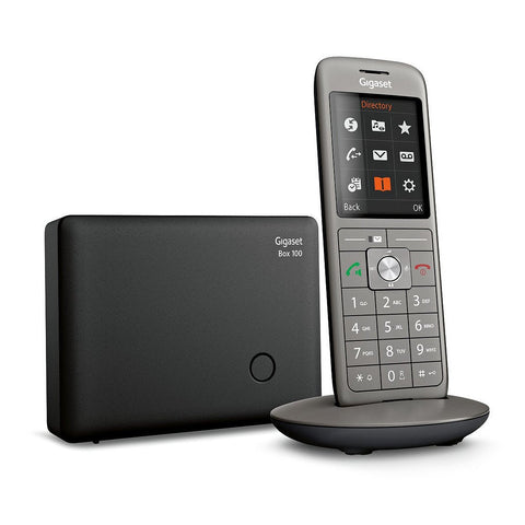 Gigaset CL660 draadloze DECT-telefoon, antraciet, handset in laadschaal naast het basisstation
