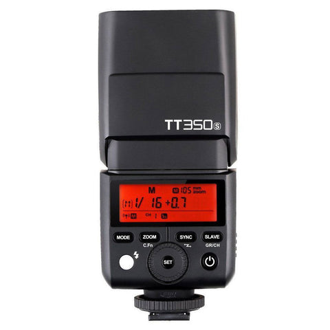 Godox Speedlite TT350 flitser voor Sony, zwart, achterkant met verlicht display, knoppen en opschrift TT350S, tweedehands