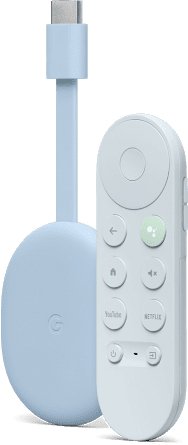 Google Chromecast met Google TV 4K HDR mediaspeler, licht blauw Sky, voorkant met afstandsbediening