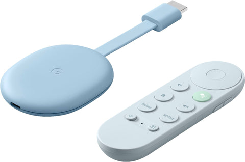 Google Chromecast met Google TV 4K HDR mediaspeler, licht blauw Sky, voorkant met afstandsbediening