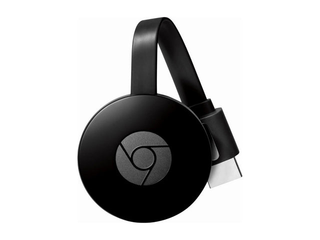 Google Chromecast V2, zwart, rond met HDMI-kabel, voorkant