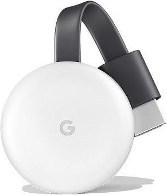 Google Chromecast 3e generatie, wit, ronde mediaspeler met HDMI-kabel