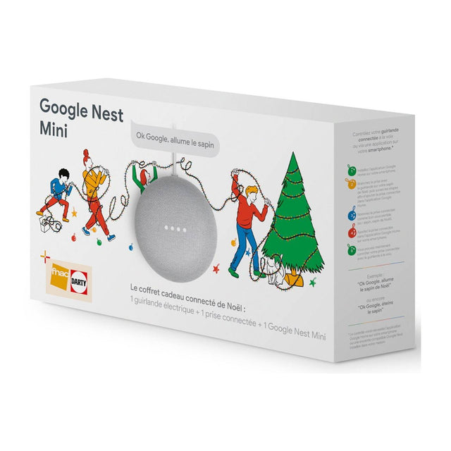 Google Nest Mini kerstpakket met slimme stekker en LED kerstverlichting, grijs, doos voorkant