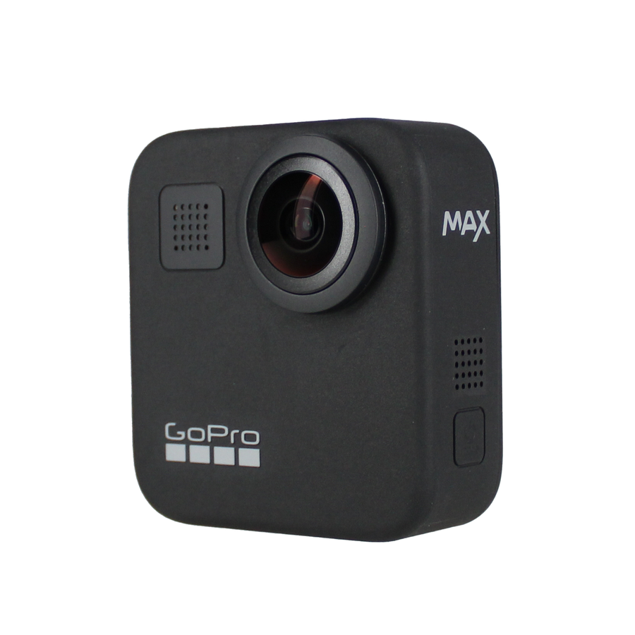 GoPro MAX 360 actioncamera, zwart, schuin van voren met een van de twee lenzen en MAX-opschrift, tweedehands