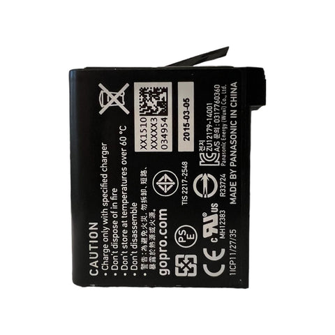 GoPro HERO 4 accu, zwarte batterij, achterkant met etiket, tweedehands