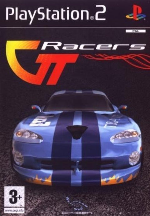 PlayStation 2 GT Racers van Liquid Games, doos voorkant met een blauwe sportwagen met strepen, tweedehands
