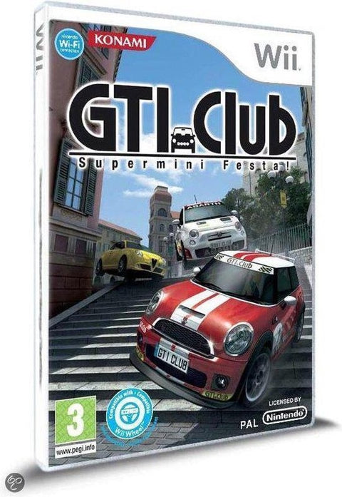 Nintendo Wii GTI Club Supermini Festa van Konami, doos voorkant met een rode Mini op een trap, tweedehands