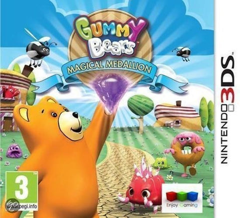 Nintendo 3DS Gummy Bears Magical Medallion, doos voorkant met oranje beer en paarse medaille, tweedehands