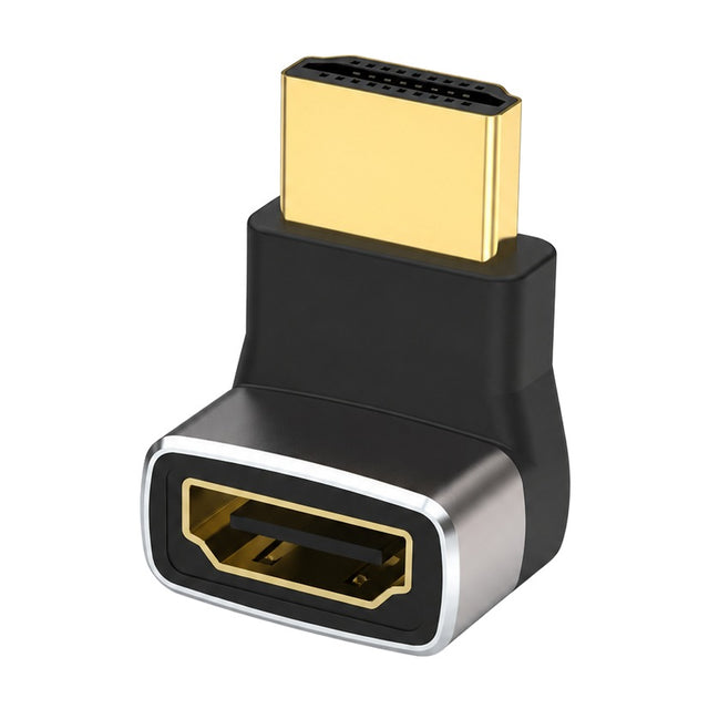 Haakse HDMI adapter 270 graden, zwart met grijze metalen rand, vergulde HDMI-stekker omhoog en HDMI-ingang naar voren