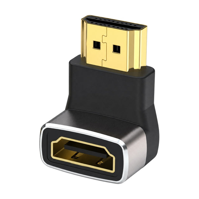 Haakse HDMI adapter 90 graden, zwart met grijze metalen rand, vergulde HDMI-stekker omhoog en HDMI-ingang naar voren