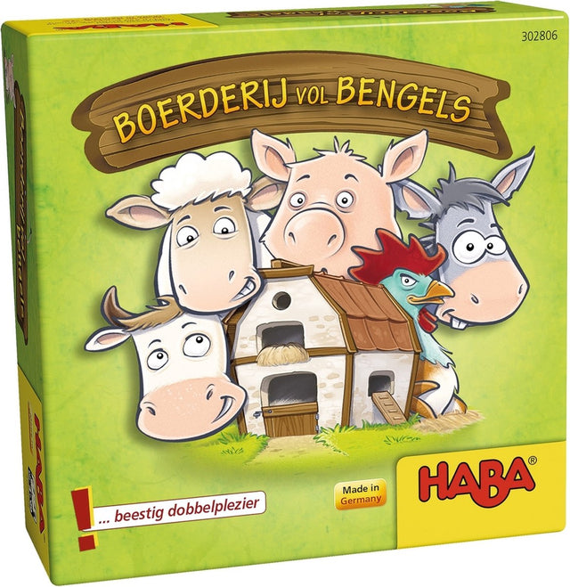 Haba Boerderij vol Bengels dobbelspel, doos voorkant met schaap, varken, ezel, koe en haan rond een stal