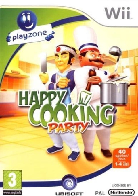 Nintendo Wii Happy Cooking Party van Ubisoft, 40 spellen, doos voorkant met twee koks in een keuken, tweedehands