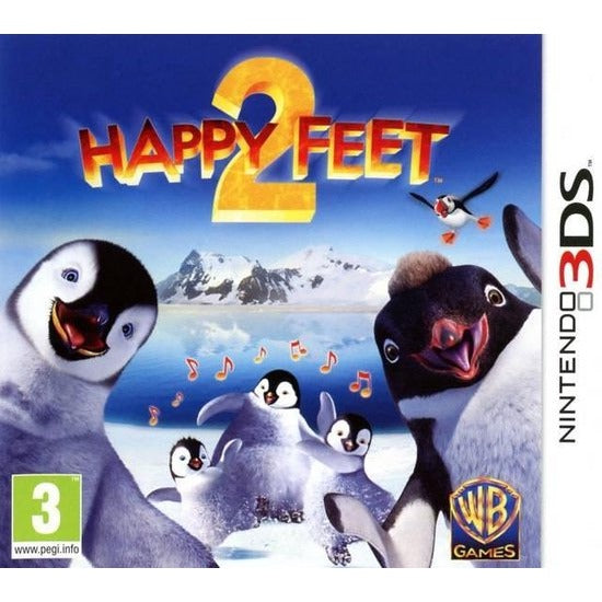 Nintendo 3DS Happy Feet 2 van WB Games, doos voorkant met dansende pinguïns, tweedehands