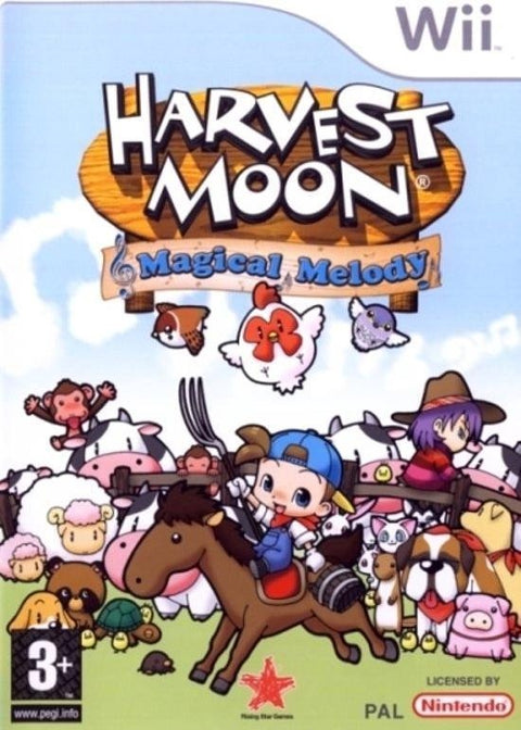 Nintendo Wii Harvest Moon Magical Melody van Rising Star Games, doos voorkant met boer op paard en dieren, tweedehands