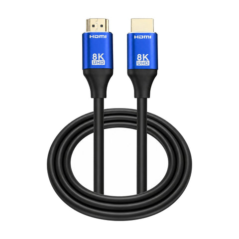HDMI 2.1 kabel van 2 meter met blauwe stekkerkoppen, vergulde HDMI-stekkers en zwarte kabel
