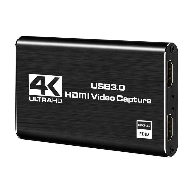 Platte zwarte metalen USB 3.0 HDMI capture card met twee HDMI-poorten aan de zijkant