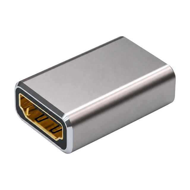 Grijs aluminium HDMI koppelstuk female naar female met vergulde HDMI-ingang, schuin van voren