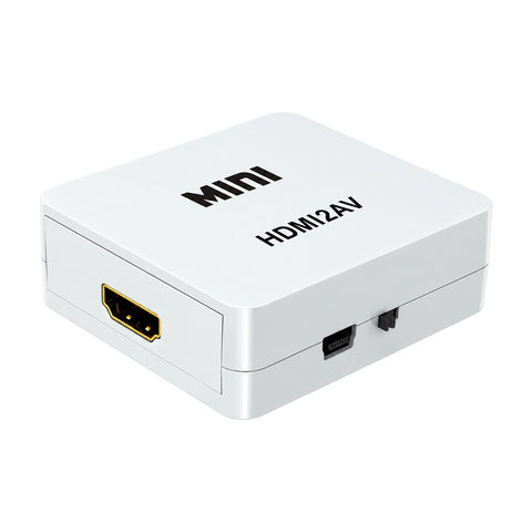 Witte mini HDMI naar AV converter met HDMI-ingang, USB-voedingspoort en PAL/NTSC-schakelaar, op witte achtergrond