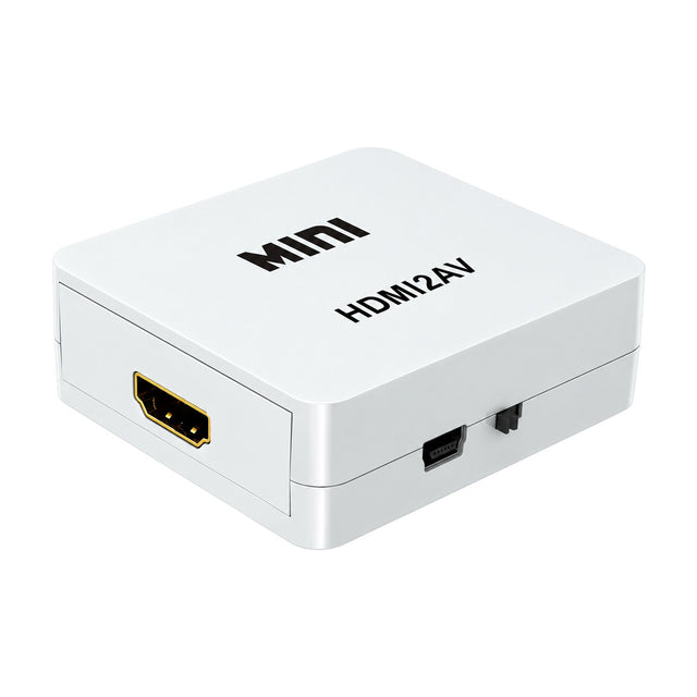 Witte mini HDMI naar AV converter met HDMI-ingang, USB-voedingspoort en PAL/NTSC-schakelaar, op witte achtergrond