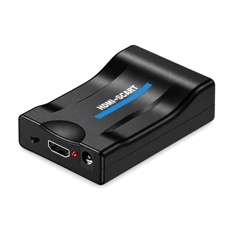 Zwarte HDMI naar Scart converter met PAL/NTSC-schakelaar, HDMI-ingang, stroomlampje en DC-aansluiting, op witte achtergrond