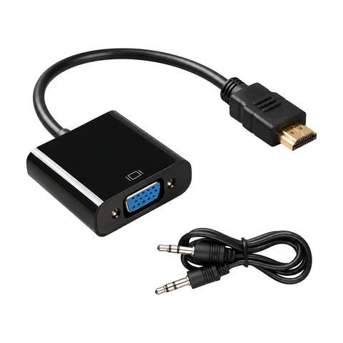 Zwarte HDMI naar VGA adapter met blauwe VGA-ingang, vergulde HDMI-stekker en losse 3,5 mm audiokabel