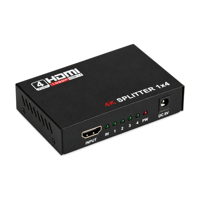 Zwarte metalen HDMI-splitter 1 naar 4 met HDMI-ingang, leds en voedingsingang aan de voorkant