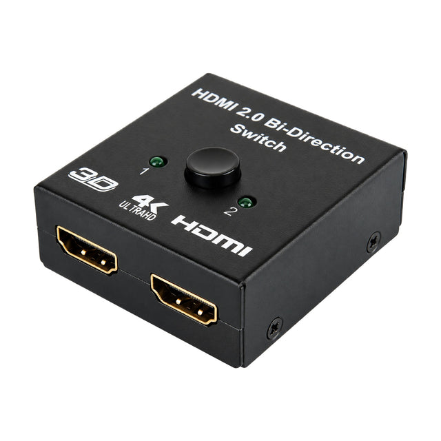 Zwarte HDMI-switch 2 in 1 uit bi-directioneel met drukknop, twee groene lampjes en twee HDMI-poorten aan de voorkant