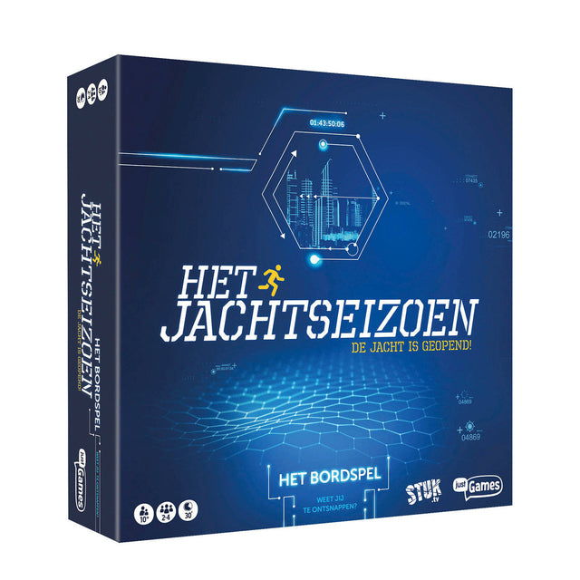 Het Jachtseizoen - Het Bordspel van Just Games en StukTV, blauwe doos voorkant