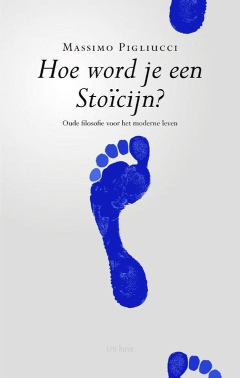 Hoe word je een stoïcijn?, Massimo Pigliucci, lichtgrijze omslag met blauwe voetafdrukken, tweedehands