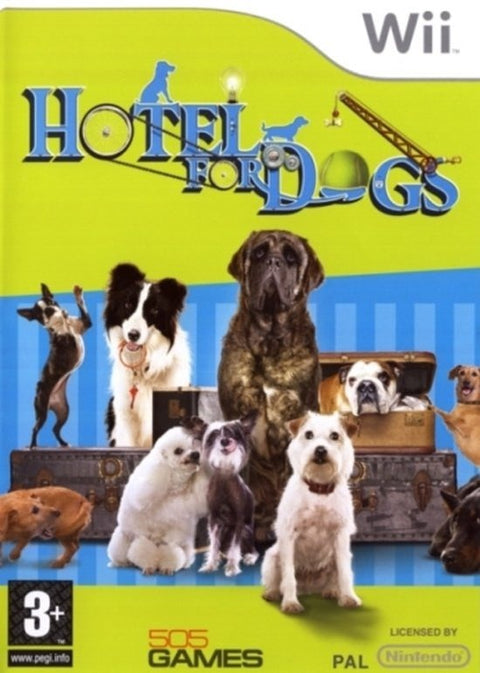 Nintendo Wii Hotel For Dogs van 505 Games, gele doos voorkant met honden op koffers, tweedehands