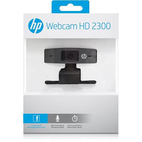 HP HD 2300 webcam, verpakking voorkant met de zwarte webcam achter het venster