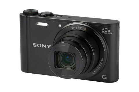 Sony Cyber-shot DSC-WX300 digitale compactcamera, zwart, schuin vooraanzicht met 20x Sony G-zoomlens, tweedehands