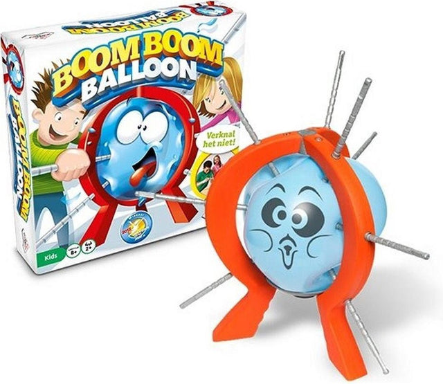Identity Games Boom Boom Balloon, doos voorkant en de ballon met prikkers in de houder